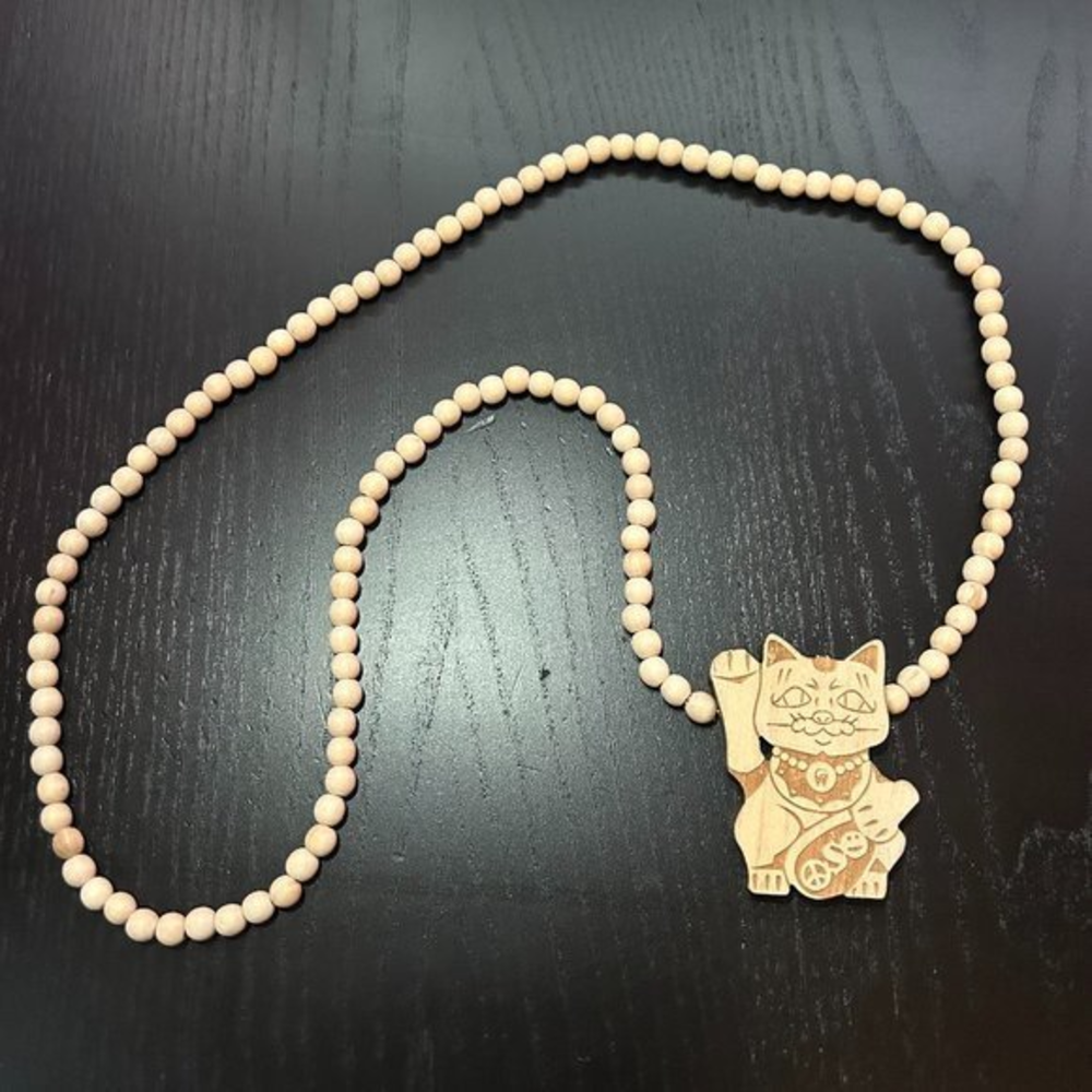 GoodWood NYC‎ Good Luck Cat Necklace Wooden Pendant Wooden Beaded